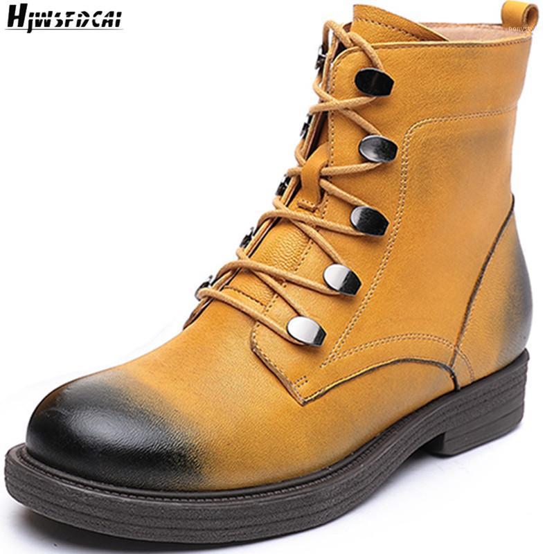

Hjwsfdcai Women Retro Personality Cowhide Leather Ankle Boots Winter New Ladies Side Zipper High Platform Shoes Zapatillas Mujer1, Brown