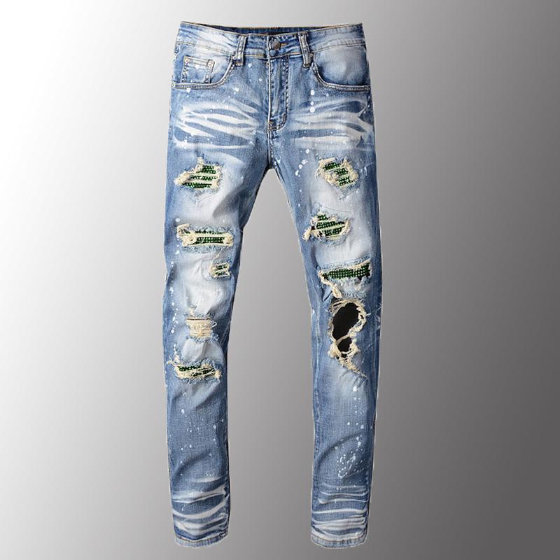 

Classic Men Jeans Luxury Men's Crystal Holes Ripped Jeans Slim Skinny Patchwork Distressed Blue Stretch Denim Pants Size 40