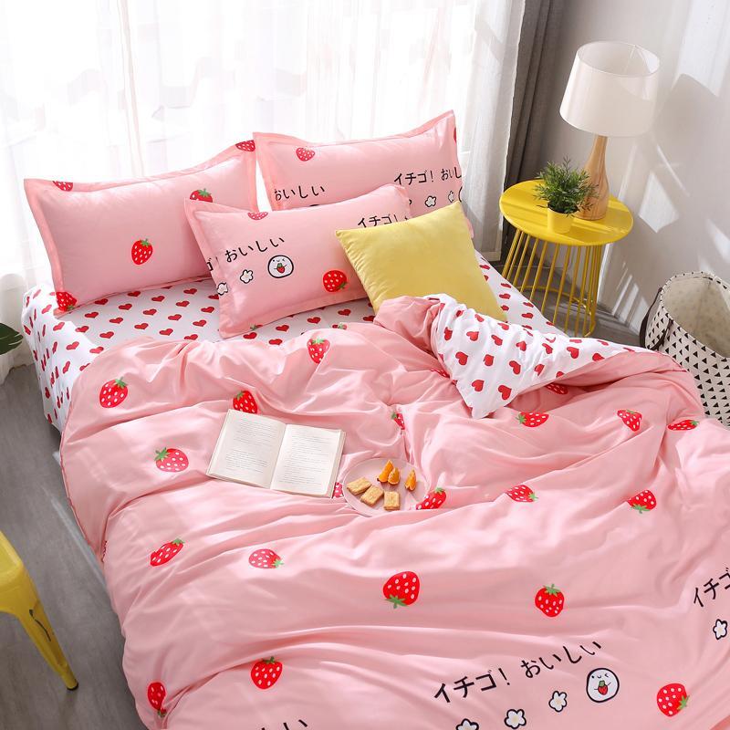 

3/4pcs Bedding Set Pink Strawberry Fashion Bed Sheets Queen Size Luxury Bedding Set bed Sheet Sets Duvet Cover King Size1, 02
