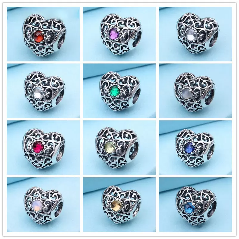 

100% 925 Sterling Silver Love Heart Birthstone Charm Bead Fits European Pandora Syle Jewelry Bracelets, Black