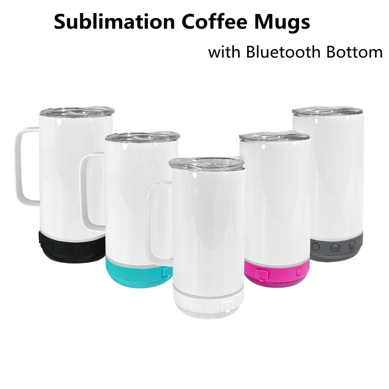 

Sublimation 14oz Bluetooth Coffee Mugs with Speaker Bottoms Lid DIY Blanks White Straight Music Tumblers Stainless Steel Double Wall Insulated Vacuum Water Bottle