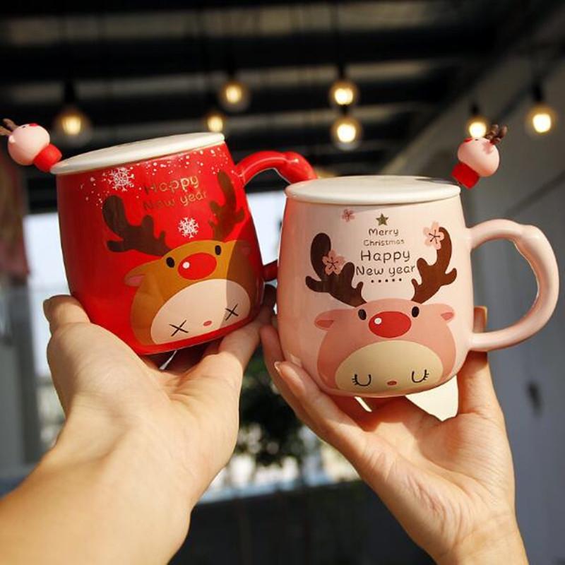 

350ml Ceramic Mug Creative Coffee Cup With Lid And Spoon Milk Cups Child Christmas Elk Mugs Kids Gift Red Pink Couple Cups