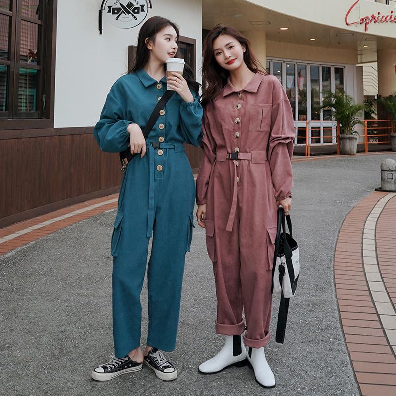 

2021 New Streetwear Casual Women Jumpsuits High Waist Pants Loose Long Sleeve Playsuit Cargo Overalls Women Spring Autumn D03, Blue