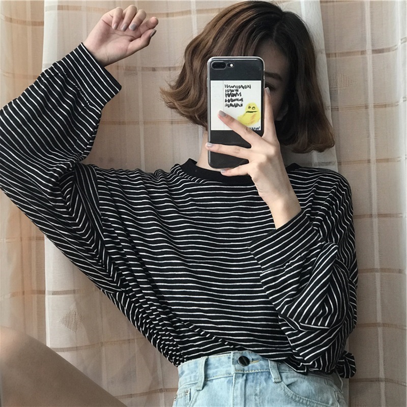 

women clothes fall vintage korean style tops aesthetic harajuku ulzzang long sleeve best friends stripe loose basic t shirt Y200111