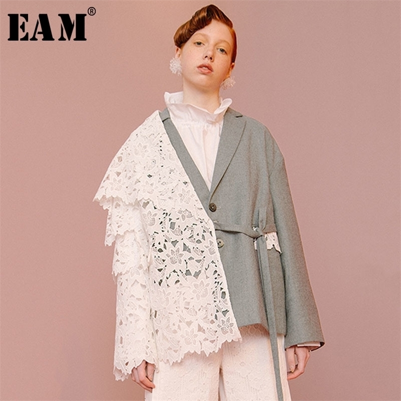 

[EAM] Loose Fit Contrast Color Lace Big Size Jacket New Lapel Long Sleeve Women Coat Fashion Tide Spring Autumn 1D319 201210, Gray