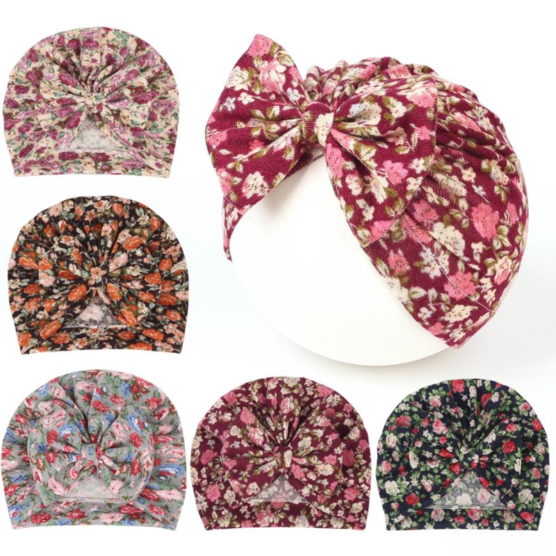 

Caps & Hats 2022 Floral Prints Knotted Bow Hat Born Infant Toddler Turban Boho Baby Girls Beanie Bonnet Cap Hair Accessories, Yellow