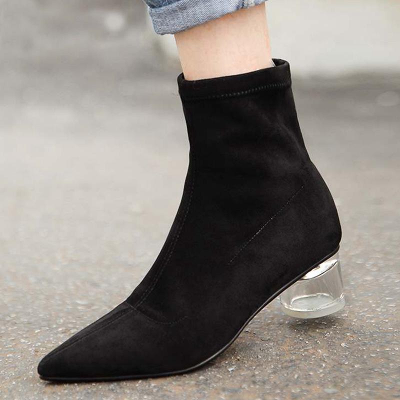 

Bottines hiver 2020 femme ankle boots women's stretch flock material bling crystal med heel pointed toe keep warm ankle boots, Black
