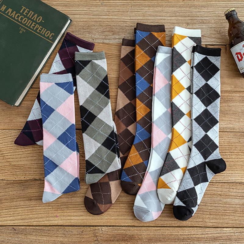 

Keep Warm Japanese Style Knee-high Socks for Woman Socks Rhombus Pattern Autumn Winter Cotton 1Pair College Style1, Square blue