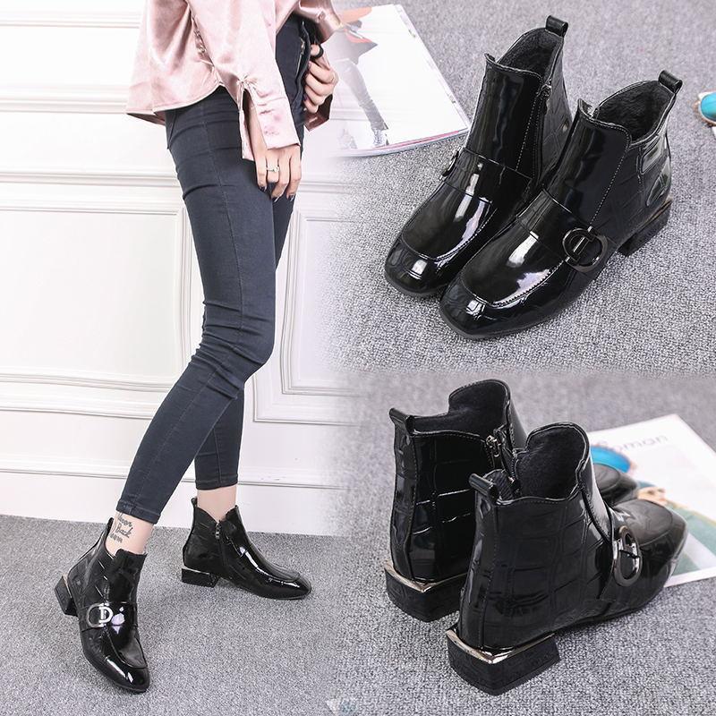 

Square toe flat heel patent leather elasticated short boots short tube British style fashion women's single shoes boots, Black