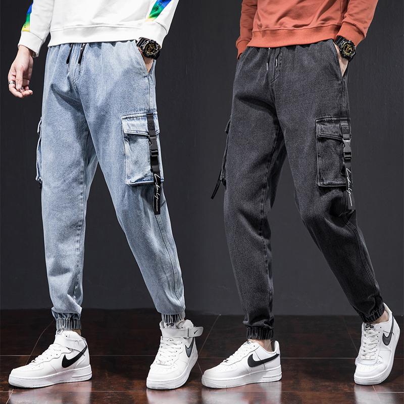 

Oversized 8XL 7XL 6XL 2021 New Trendy Jeans Men Autumn Winter Beamed Loose Elastic Multi-pocket Casual Tooling Harem Pants Blue