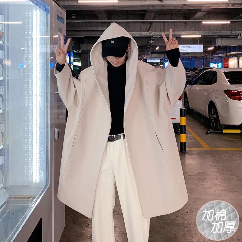 

Korean Cardigan Woolen Coat Men's Fashion Casual Oversize Hooded Woolen Coat Men Loose Winter Long Mens Overcoat, Black