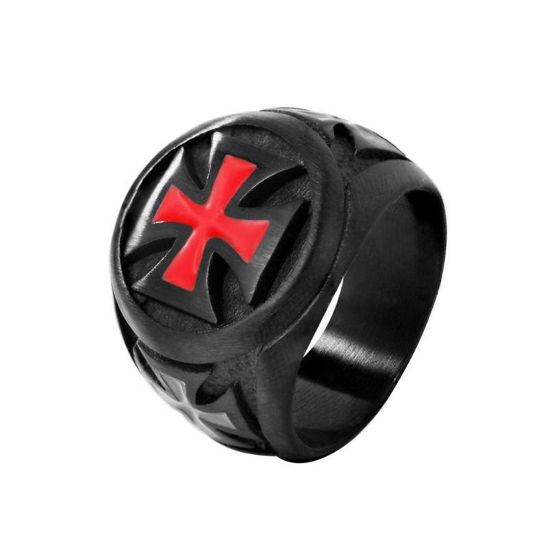 

316L Never Fade Men's Rings Black color Stainless Steel Red Armor Shield Knight Templar Crusader Cross Ring Punk Jewelry HF474