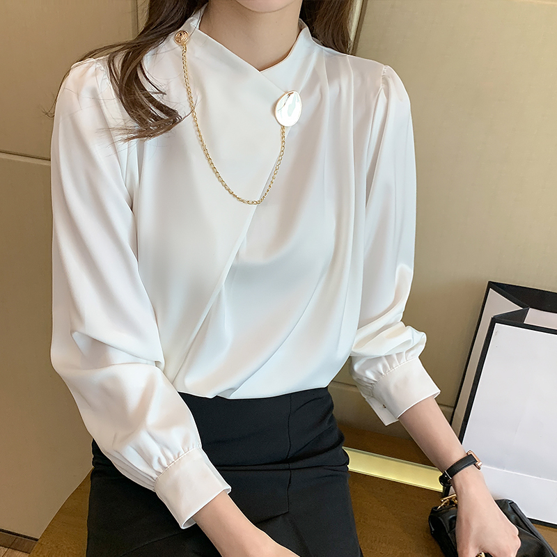 

2021 New Women' Fashionable Chiffon Solid Neck-sleeves Puff Shirt Formal Office Lady Sleeves Long-sleeve Shirts Spring GPDC, Black
