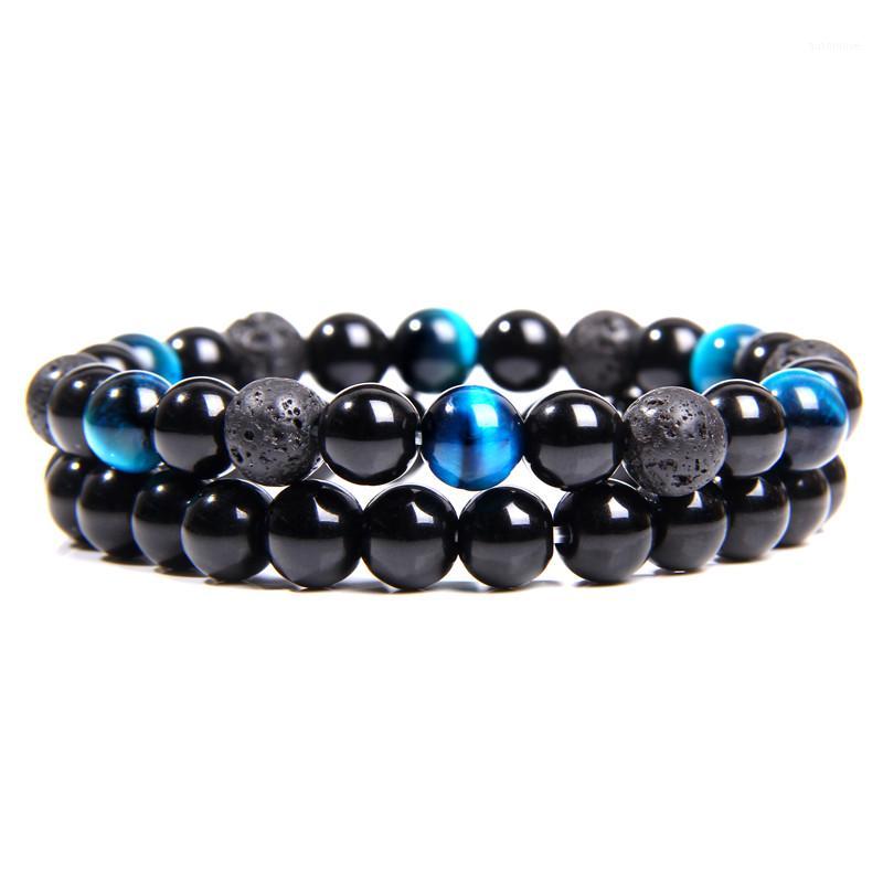 

2pcs/set Men Bracelet Natural Tiger Eye Stone Beads Bracelet Vintage Black Onyx Volcanic Lava Beads Jewelry Women Male1