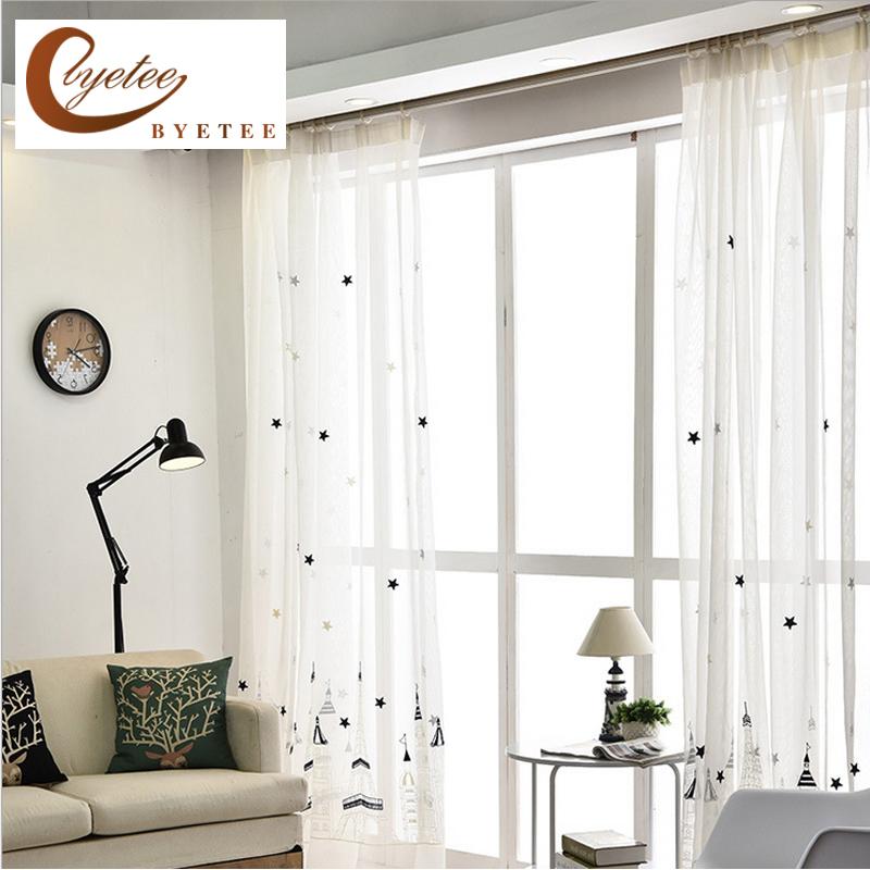 

byetee] Cotton Linen Embroidered Screen Children Boy Bedroom Tulle Kitchen Sheer Voile Curtains For Window Curtain Living Room