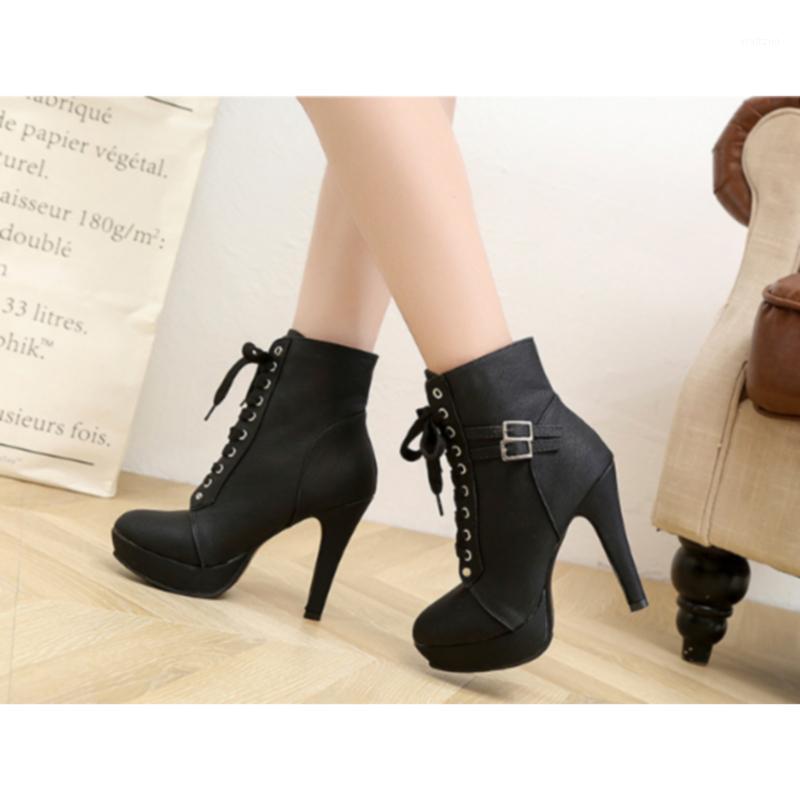 

Plus Size Ankle Boots Women Platform High Heels Female Lace Up Women's Shoes Buckle Woman Short Boot Ladies Footwear1, Black