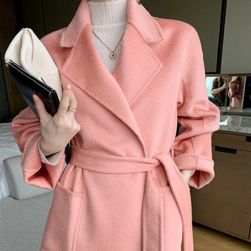 

pure wool handmade double-sided water wave pattern woolen coat women' loose belt extended over the knee suit collar, See chart