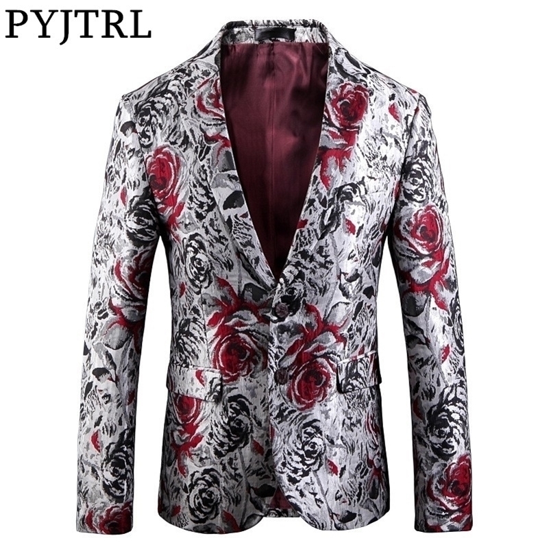

PYJTRL Mens Fashion Jacquard Rose Floral Pattern Casual Blazer Hombre Wedding Groom Party Stage Costumes Slim Fit Suit Jacket 201104