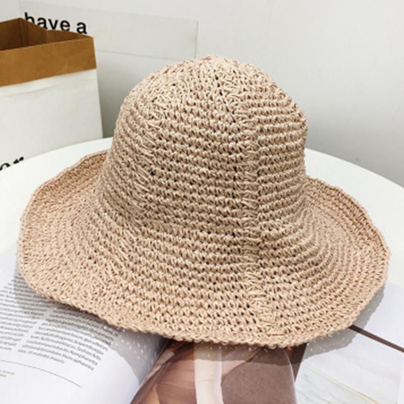 

Wide Brim Hats Simple Style Anti UV Summer Hand Knitted Casual Events Lafite Straw Seaside Travel Women Sun Hat Solid Foldable, Light coffee