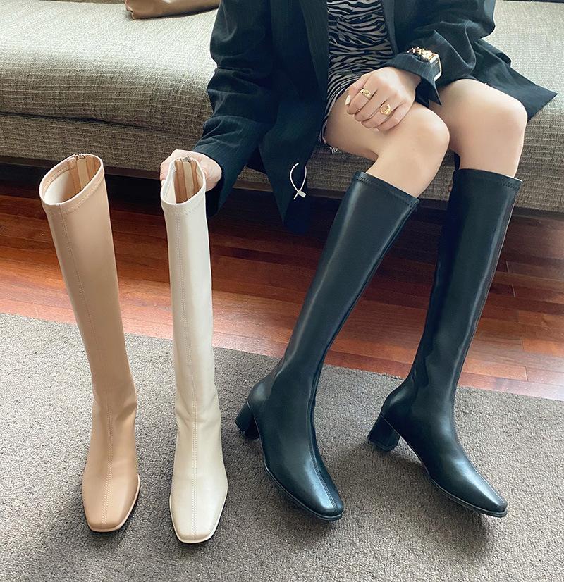 

Mid Heel boots autumn winter 2021 new Korean version of back zipper high boots children's thick heel knee1, Black