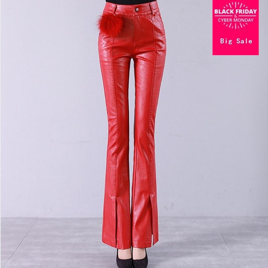 

S- fashion brand enlargement 2020 female high waist sharing at the bottom of plutonium thin leather flare pants wj2174, Red