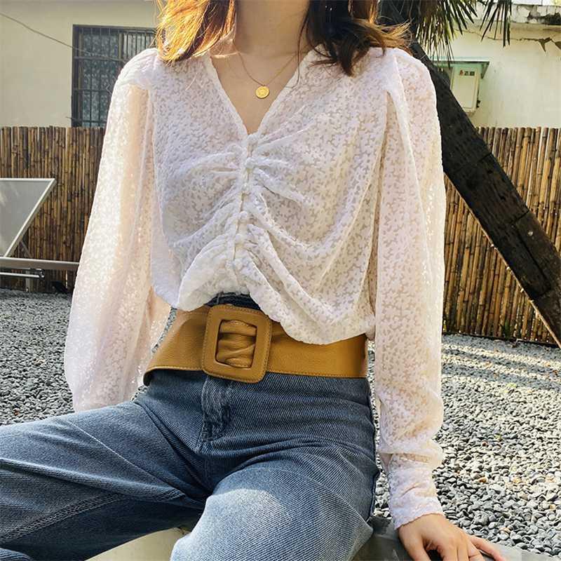 

Women Chic Lace Blouses Fashion Hollow Out Flower Long Sleeve Tops Blouses 2020 Summer Female V-Neck Elegant Button, Bai