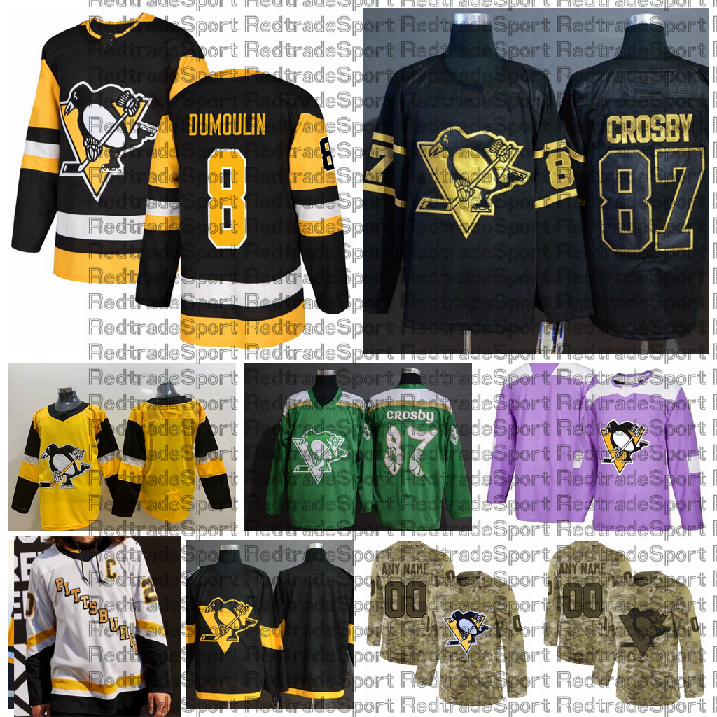 

2021 Reverse Retro Customize #8 Brian Dumoulin Pittsburgh Penguins Jerseys Golden Edition Camo Veterans Day Fights Cancer Hockey Jersey, Yellow