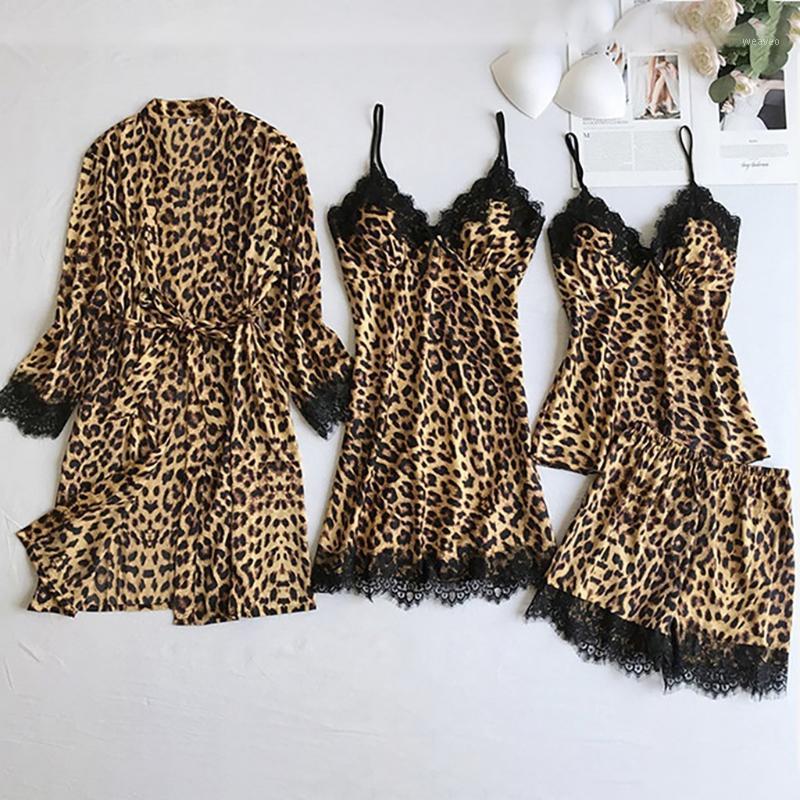 

Sexy Satin Silk Pajamas Women Sleepwear Nightdress Lingerie Robes Underwear Sleepwear Sleep Lounge Pyjama with Chest Pads J601, Brown
