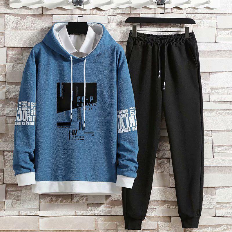 

Autumn winter thin men' Hooded Sweater Korean new men' youth student trend print casual suit1, Black