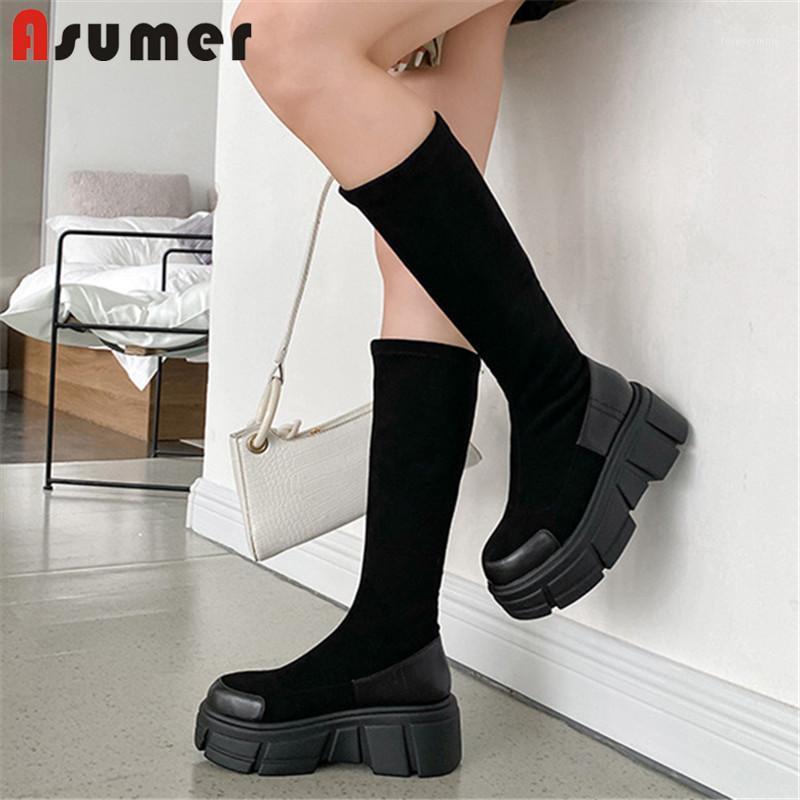 

Asumer Autumn Winter Thick Bottom Stretch Boots Women Casual Shoes Genuine Leather Flock Fashion Punk Knee High Boots Women1, Black