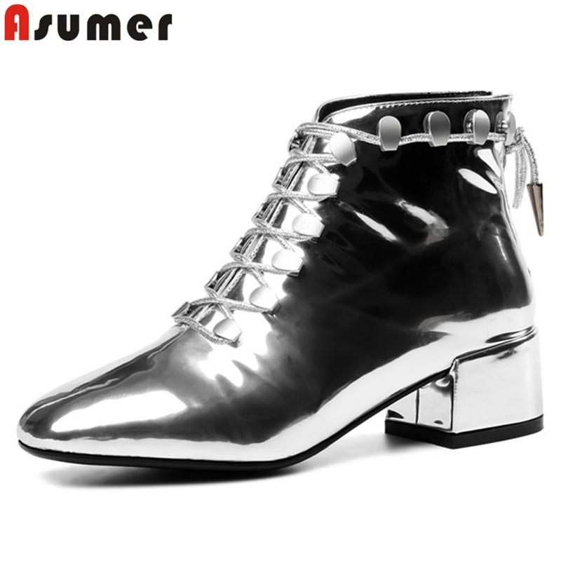 

ASUMER big size 34-43 new ankle boots for women square toe lace up genuine leather boots square high heels autumn winter, Sliver