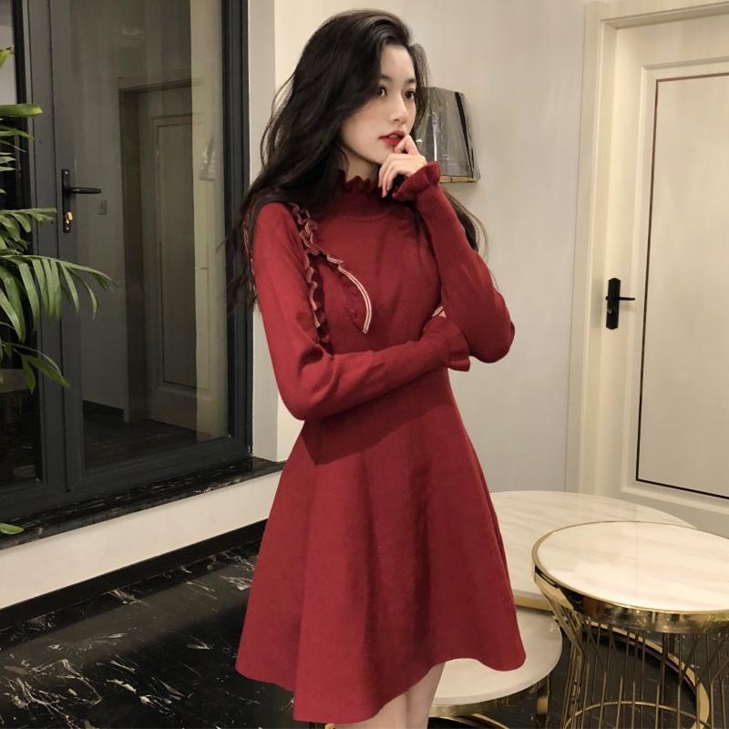 

2021 New nova primavera vintage elegante o pescoo feminino engrossar de malha magro manga cheia babados vestido camisola T6II, Unkjiuhongseunk