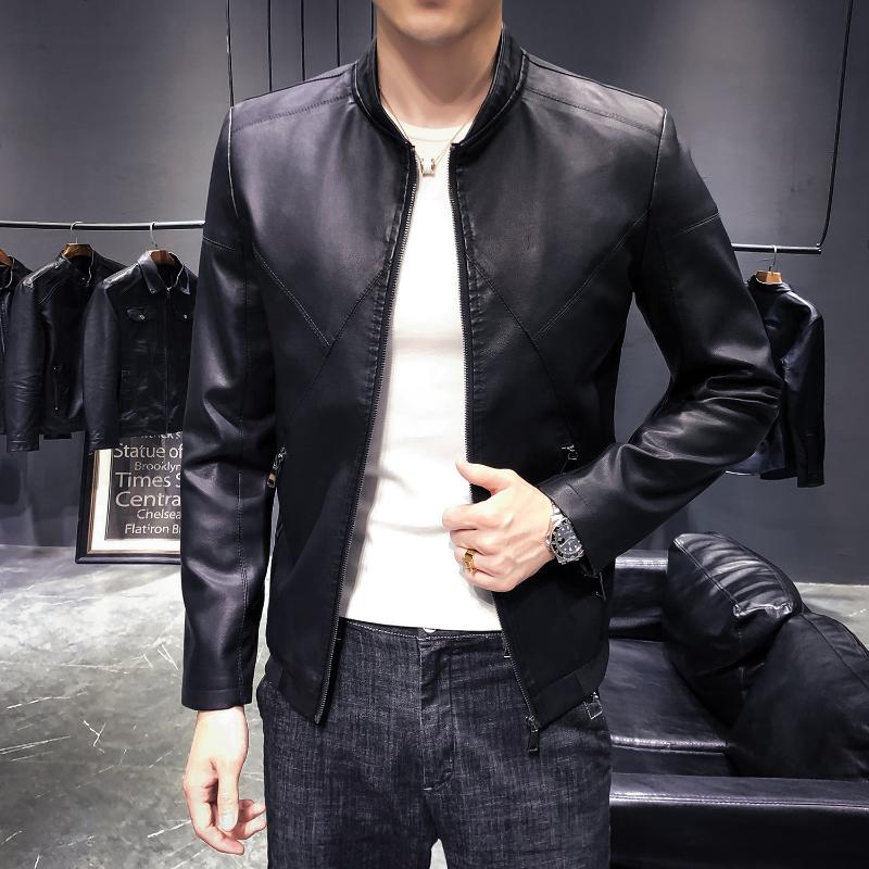 

Faux Leather Slim Fit Jacket Coat Men Stand Collar Patchwork Black Motorcycle Biker Windbreaker Jackets Quality Brand Clothing