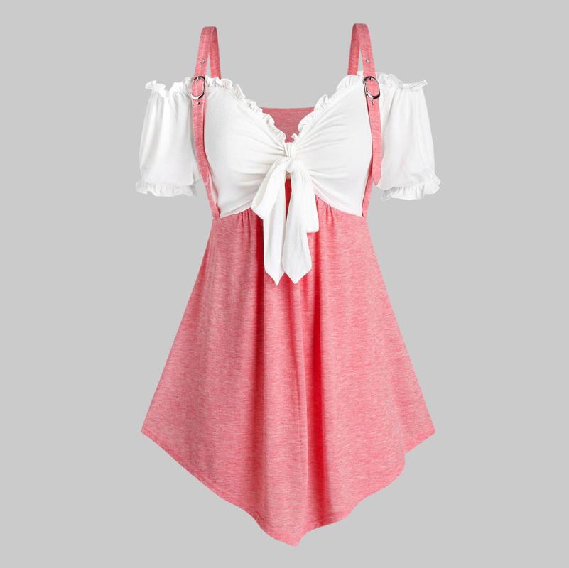 

Plus Size Womens Tops And Blouses V-Neck Bandage Blouse Women Patchwork Summer Chic Blouse Shirt, Black