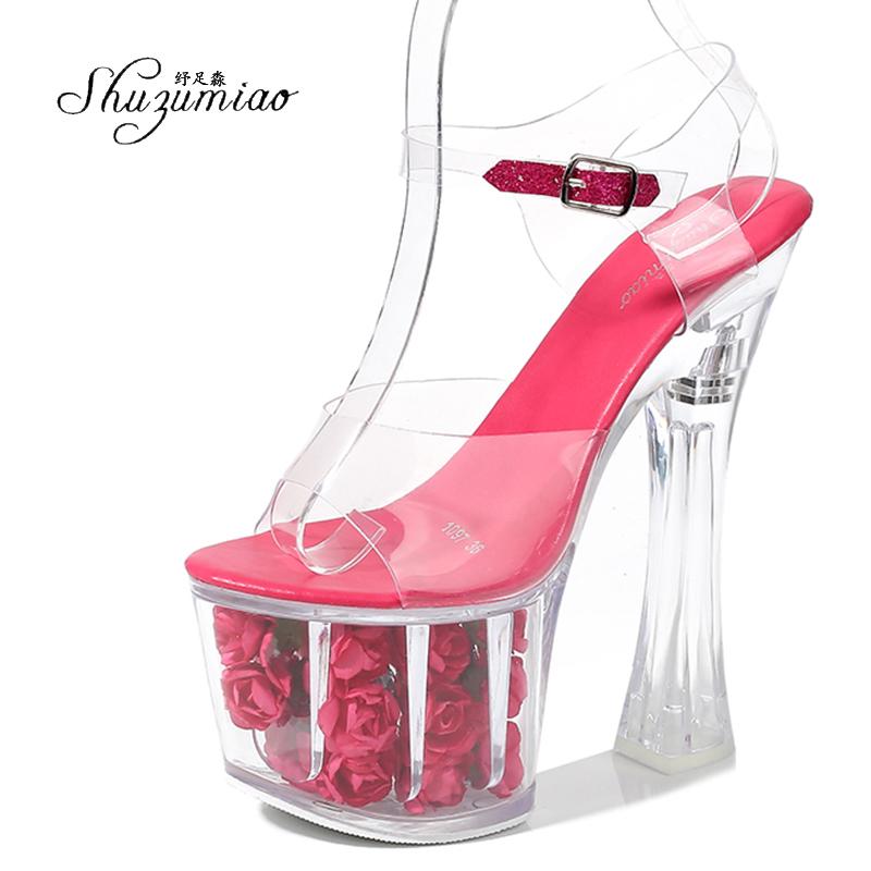 

Women Model Shoes Heels Super High heels 17cm Rose Slippers Platform Sandals Transparent Clear heel Crystal Shoes Wedding, Beige