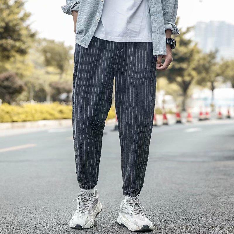 

2020 Janpanese Style Jogger Pantalon Homme Striped Casual High Waist Men Jeans Vintage Hip Hop Loose Denim Pants Trousers Men, Gray jeans