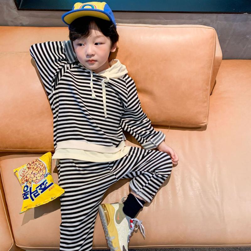 

Autumn boys girls loose striped sports clothes sets Kids children cotton long sleeve hoodies and pants 2pcs sets, Black