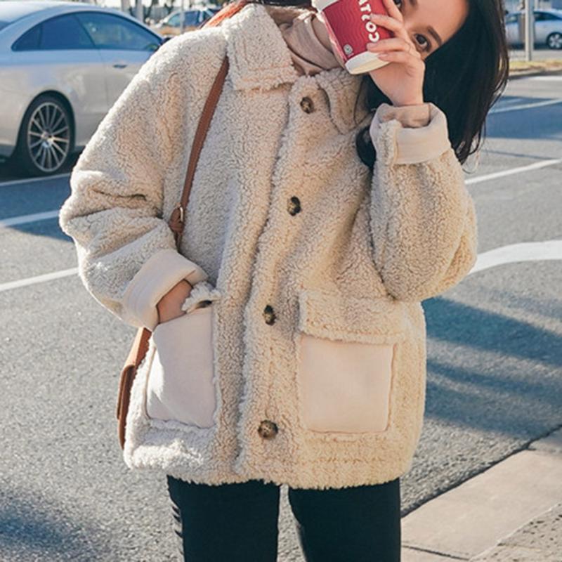 

Winter Thick Fur Jackets Vintage Preppy Style Single-Breasted Lapel Pockets Girls Faux Fur Overcoats Street Wear Loose Outwear, Beige