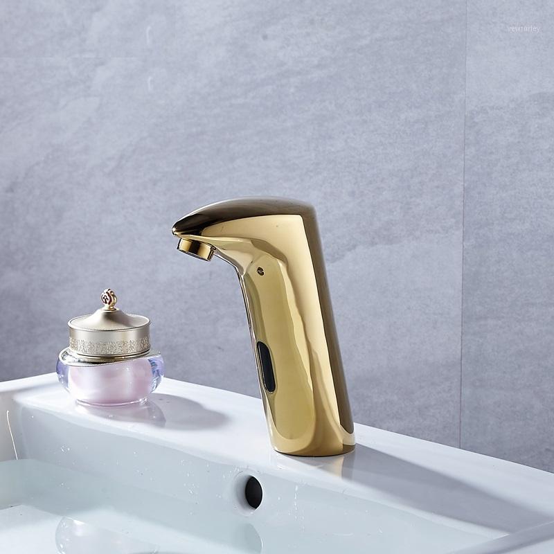 

Brass Plating Gold Deck Mounted Integrated type Automatic Sensor Faucet Bathroom Wash Basin hot & cold Touchless infrared Taps1
