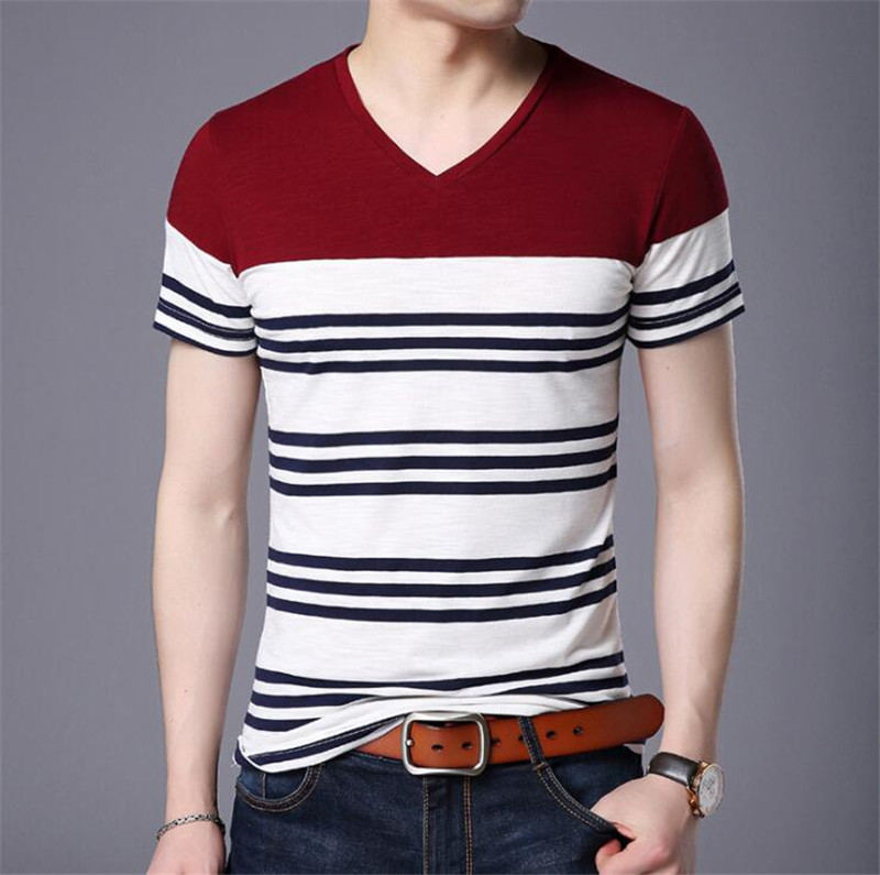 

High Quality Man V-neck T-shirt 2018 Summer New Men's Short Sleeve Tshirt Fashion Striped Tee Shirt Slim Fit Tops, Navy