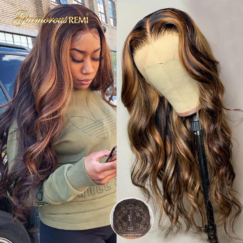 

Brazilian Body Wave Lace Part Wigs With Baby Hair Ombre Honey Blonde Highlight Human Hair Wigs Pre-Plucked Density 150 Remy, As pic