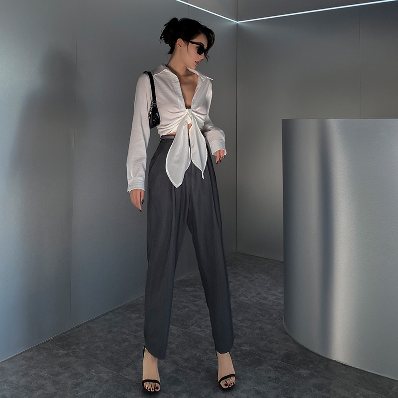 

2021 New Autumn Sensation Droop Streetwear All-match Female Grey Casual Fashion Vintage High Waist Simple Pants J8J1, Gray.