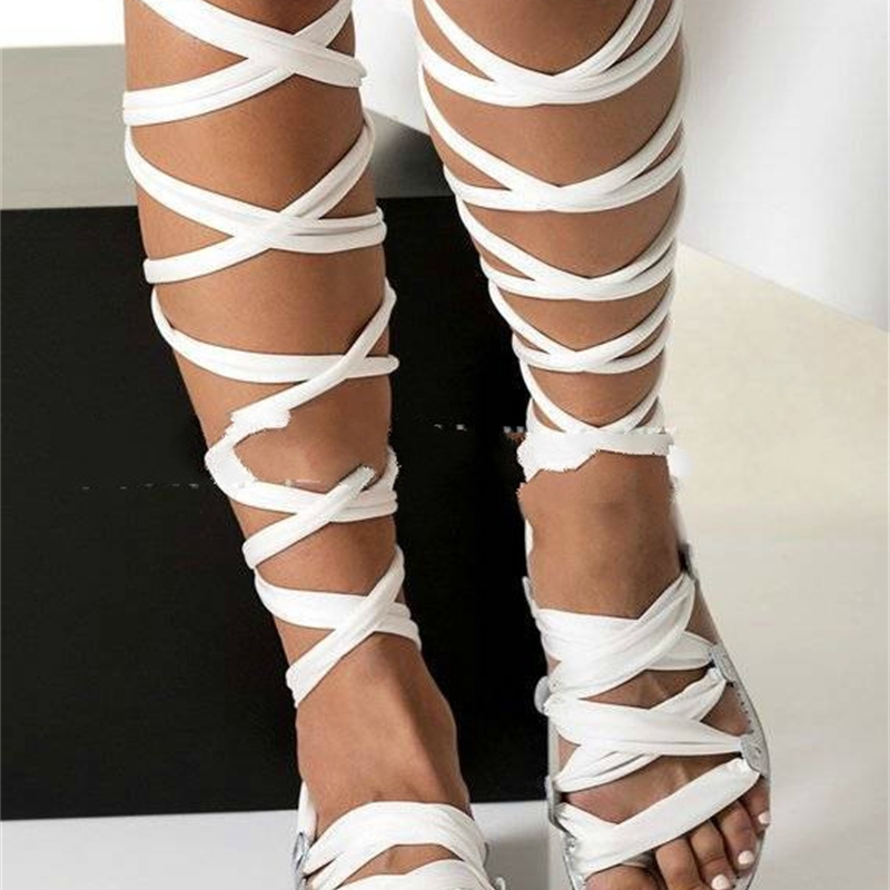 

Women Gladiator Cross Tied Flat Summer Sandals Ladies Casual Open Toe Knee High Shoes Plus Size Ladies Fashion T200226, Black