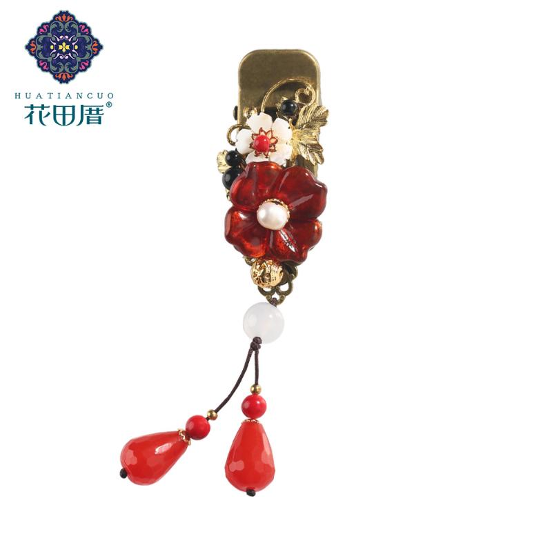 

Ethnic Red Lampwork Flower Hair Pin for Women Tassel dangle water Drop shell flower bronze plated hair pin Head Piece FJ-18017
