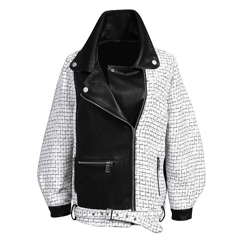

Patchwork Pu Jackets For Women Lapel Long Sleeve Plaid Hit Color Loose Streetwear Coats Female 2020 Autumn Clothing New D010, Black