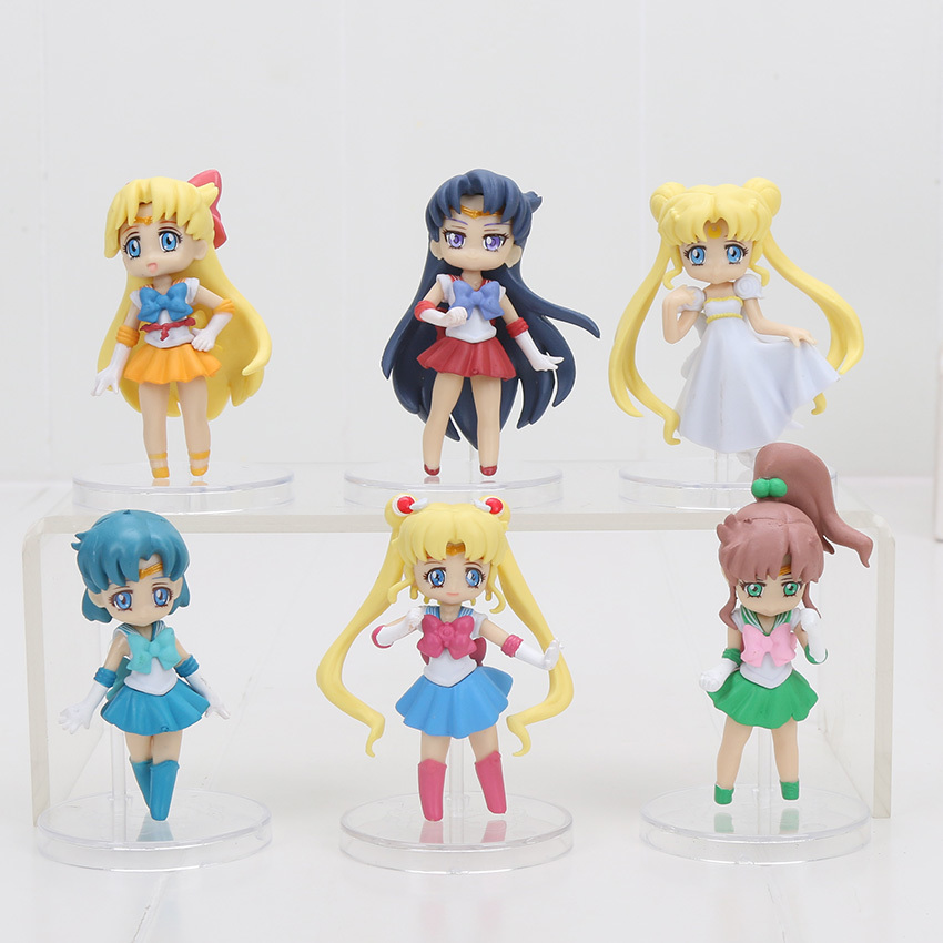 

6pcs/set Anime Cartoon Sailor Moon Mars Jupiter Venus Mercury Q Version PVC action Figures Collectible Model Toys Dolls T200118, Clorful base