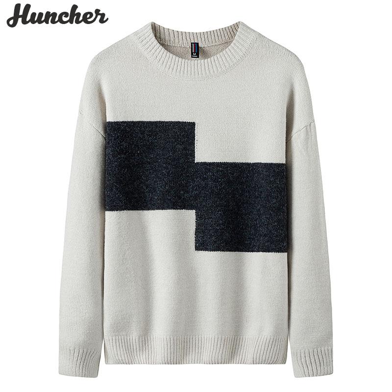 

Huncher Mens Knitted Sweater Male 2020 Winter Casual Patckwork Pullover Sweaters Jumper Men Korean Fashion White Sweater For Men, Black sweater