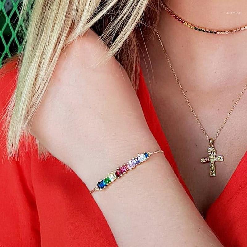

Gold Rainbow Bar Bracelet Crystal Girls Adjustable Chain Tennis Bracelet colorful Cubic Zirconia Jewelry Charm brt-b431