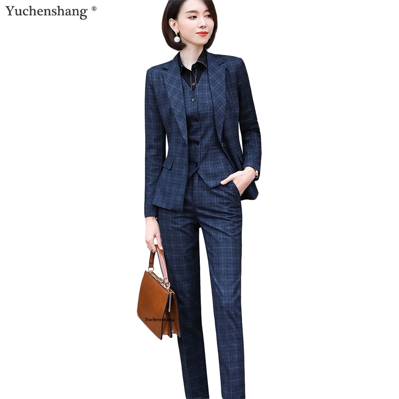 

Gray Plaid Blazer Vest and Pant 3 Piece Women Pant Suit Uniform Designs S-5XL For Office Lady Business Career Work Wear 201111, White;black