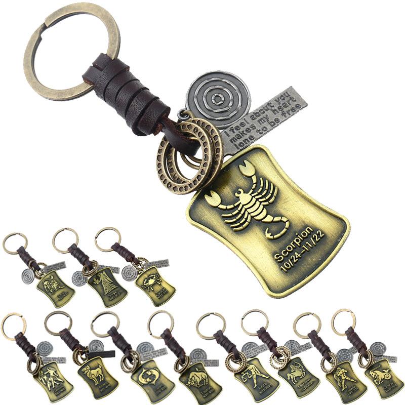 

Keychains Vintage Hand-woven 12 Constellation Cowhide Keychain Simple Small Gift Car Key Pendant
